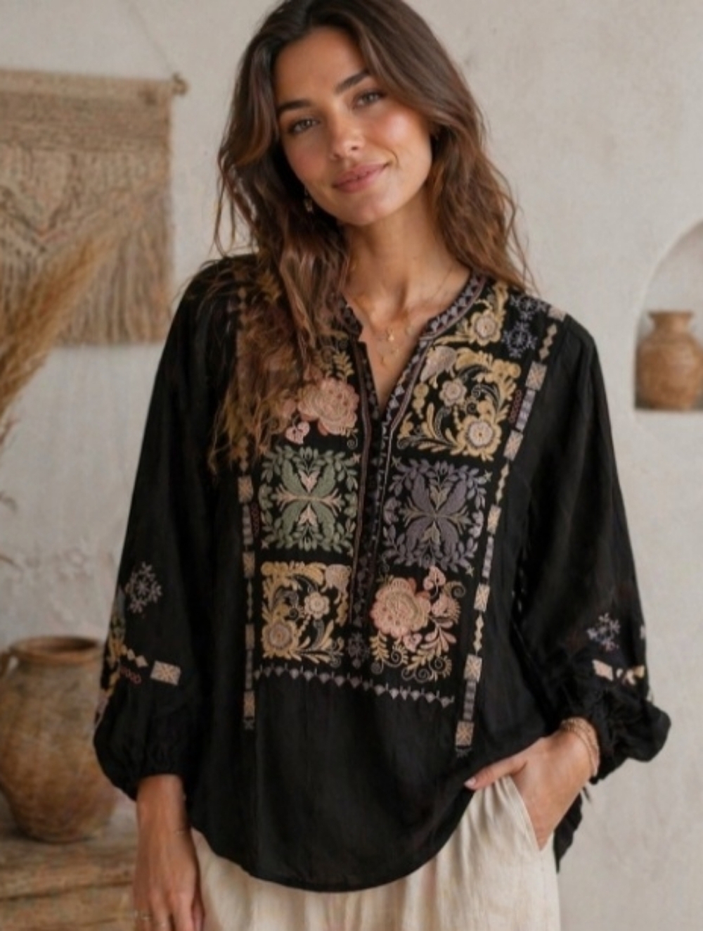 Johnny Was Biya Black Silk Embroidered Tunic Blouse Top Size XS Boho